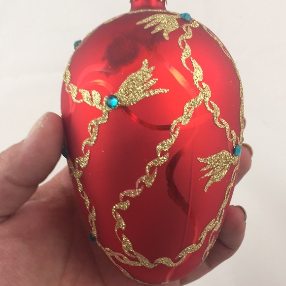 VINTAGE ARTISAN HANDCRAFTED RED EGG SHAPED CHRISTMAS ORNAMENT UPCYCLED - Picture 5 of 8